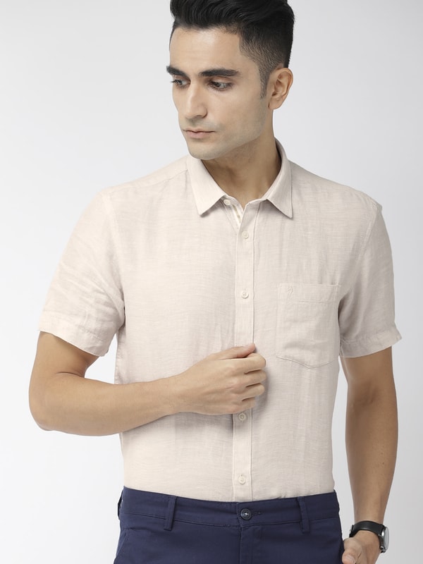 Mens Ecru Solids Slim Fit Linen Shirt